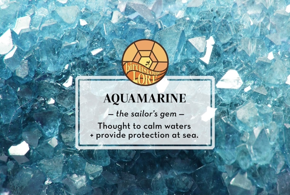 Aquamarine crystals and message reading Aquamarine, the sailor's gem.
