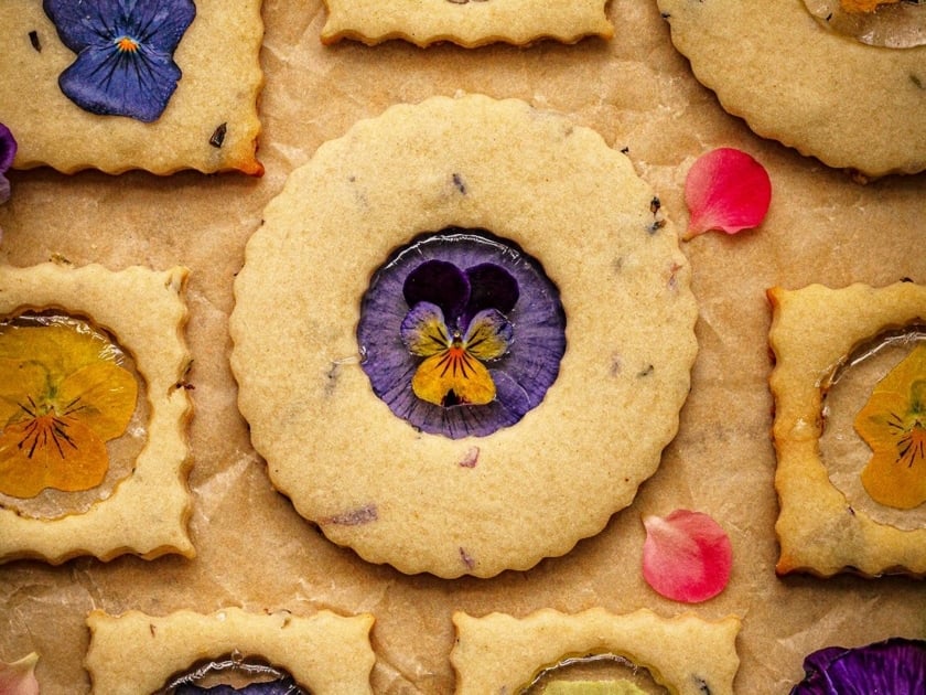 Flower cookies with pressed pansies.