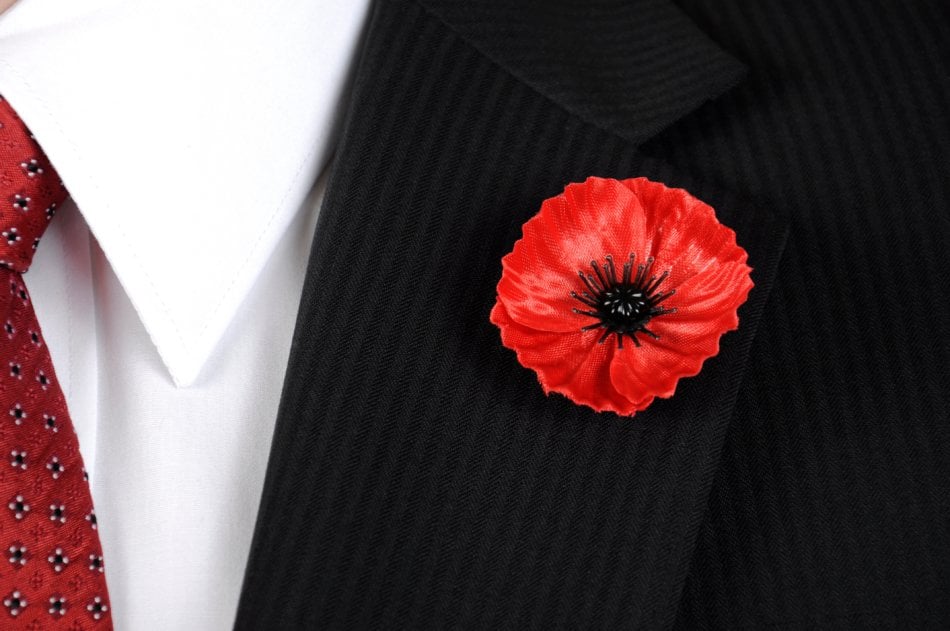 A red poppy warn for remembrance on Armistice Day. 