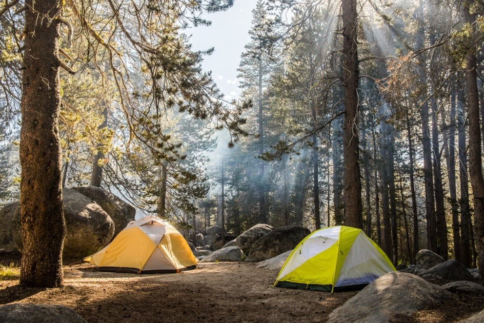 Two tents pitched at Yosemite National Park demonstrating camping on a budget.