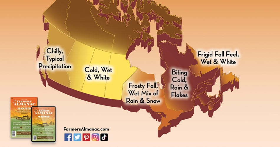 Farmers' Almanac map of fall extended weather forecast for Canada in 2022.