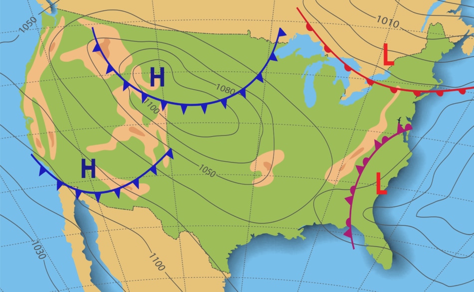 A map of pressure systems for an article on signs of climate change.
