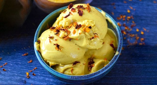 golden gelato ice cream in a bowl.
