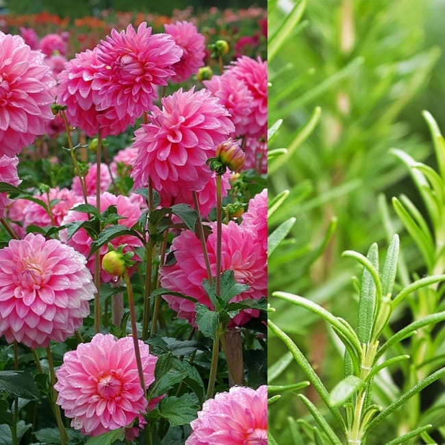 Companion planting dahlias and rosemary.