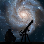 Pinwheel supernova and man with a telescope.