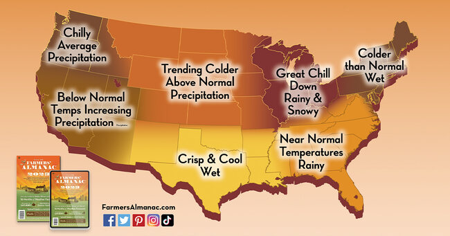 Farmers' Almanac 2023 fall weather forecast map.