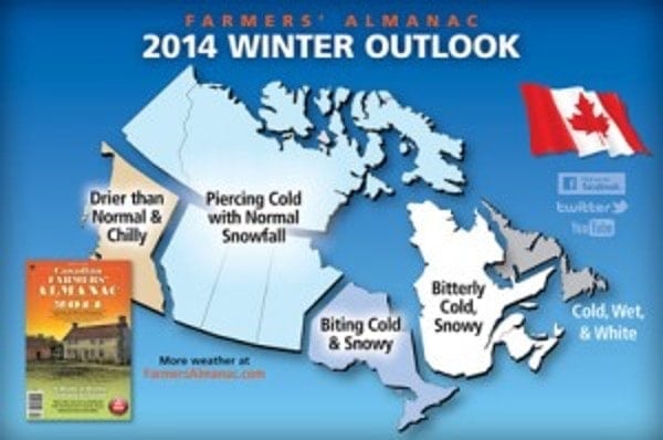 Canadian Farmers' Almanac 2014 Winter Weather Forecast Map