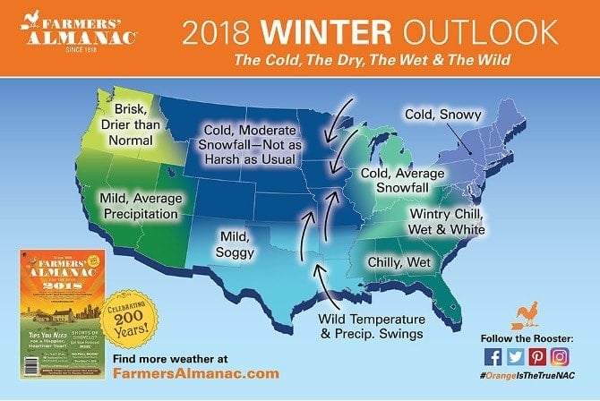 2017-18 Farmers' Almanac US Extended Winter Weather Forecast