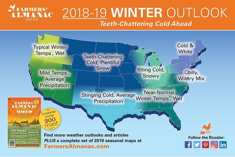2018-19 Farmers' Almanac US Extended Winter Weather Forecast Map