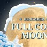 December Full Moon Cold Moon represented by an icy thermometer and snow on a full Moon.
