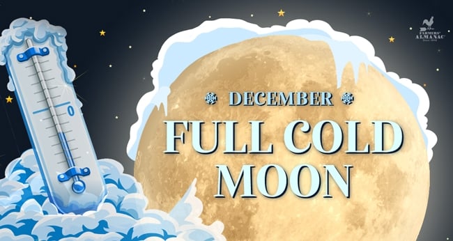 December Full Moon Cold Moon represented by an icy thermometer and snow on a full Moon.