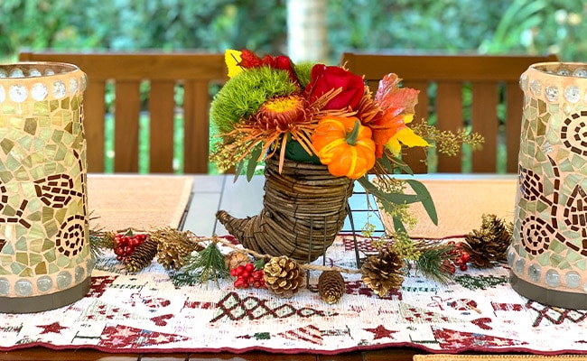 A Thanksgiving cornucopia centerpiece.