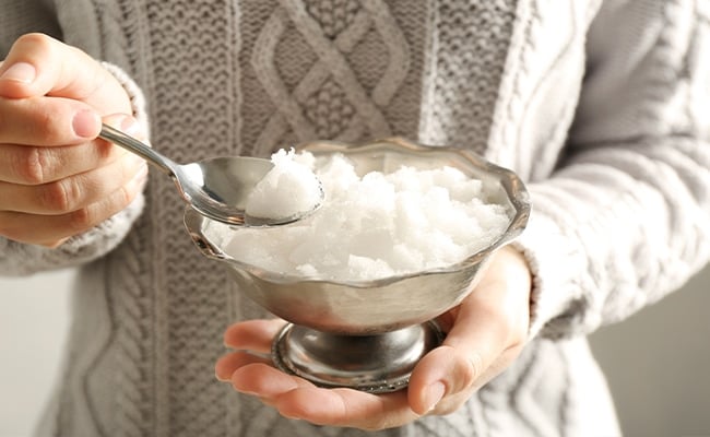 Snow ice cream in a sundae dish.