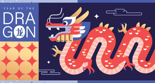 Year of the dragon illustration with a Chinese dragon.