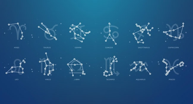 Zodiac sign symbols and corresponding star patterns.