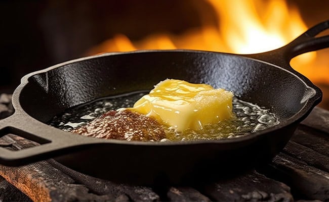 Cast iron steak with butter being cooked.