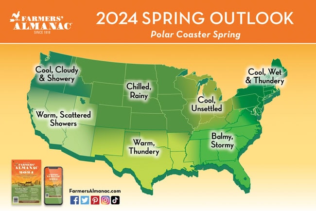 The Farmers' Almanac Spring Weather Forecast 2024 map for the United States.