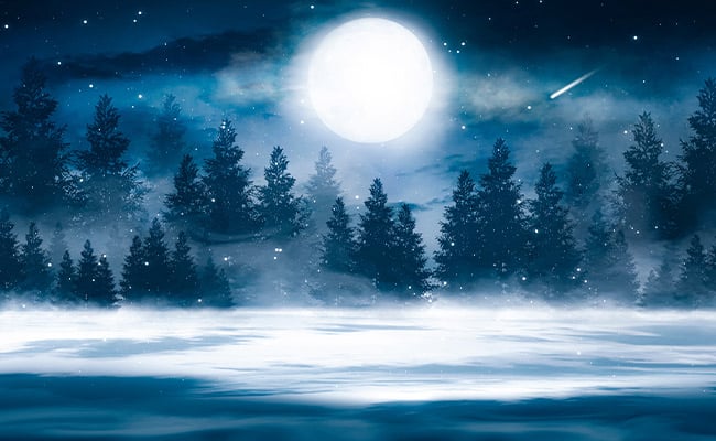February full Moon 2024 astrology report represented by a full Moon or a snowy landscape in winter.