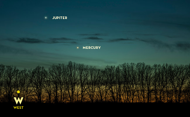 March sky featuring the Moon kissing Jupiter.