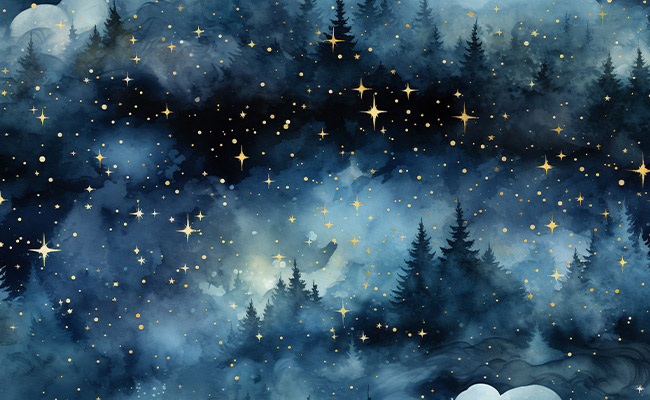 Full Moon Horoscopes represented by golden stars sparkling over a snowy field of evergreen trees.