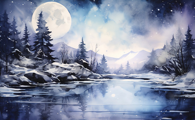 Snow Moon astrology represented by a full Moon over mountains and a lake in the foreground.
