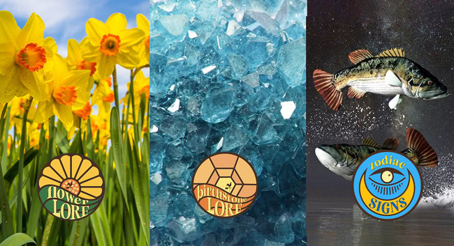 Symbols for March birth month, daffodils, aquamarine birthstone, and Pisces zodiac sign.