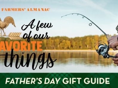 Father's Day Gift Guide represented by a man with a rod and reel catching a fish.