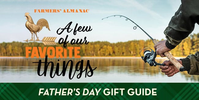 Father's Day Gift Guide represented by a man with a rod and reel catching a fish.