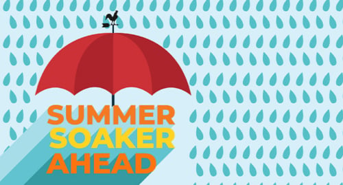 Summer Weather Forecast 2024 Farmers' Almanac logo with an umbrella and raindrops representing wet weather ahead.