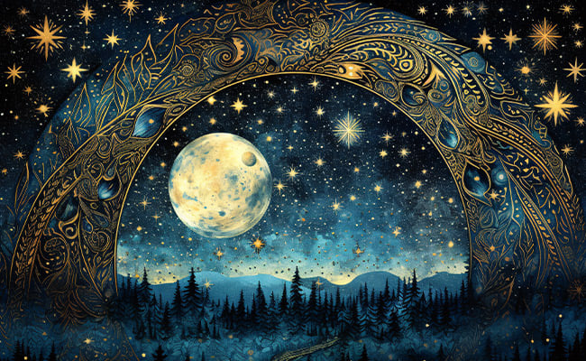 March full Moon astrology represented by an illustration of a full Moon and golden stars.