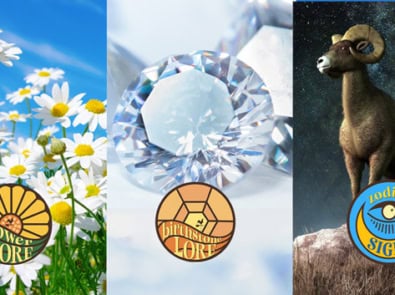 Symbols and fun facts for April birth month, daisy flower, diamond birthstone, and Aries zodiac sign.