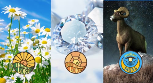 Symbols and fun facts for April birth month, daisy flower, diamond birthstone, and Aries zodiac sign.