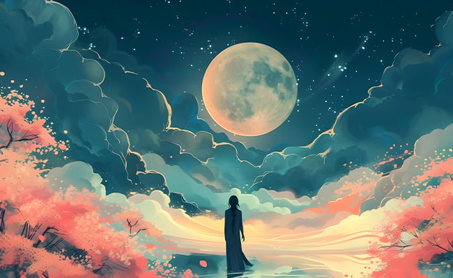 April full Moon astrology represented by an illustration of a full Moon and the silhouette of a woman walking towards it between pink flowering trees.