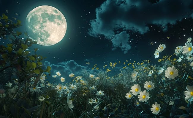 May full Moon astrology report represented by an illustration of a bright full Moon over a field of white flowers.
