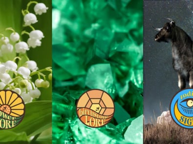 Symbols for May birth month, lily of the valley, emerald birthstone, and Taurus zodiac sign.