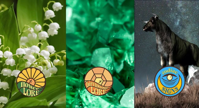 Symbols for May birth month, lily of the valley, emerald birthstone, and Taurus zodiac sign.