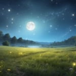 A full Moon and bright stars lighting up a field at night.