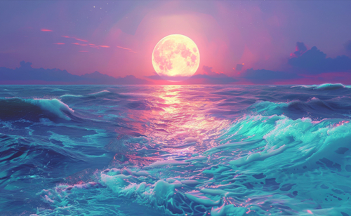 Strawberry Moon astrology report represented by a full Moon over pink and blue waves.