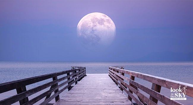 July night sky with the full Buck Moon above a dock near the ocean.