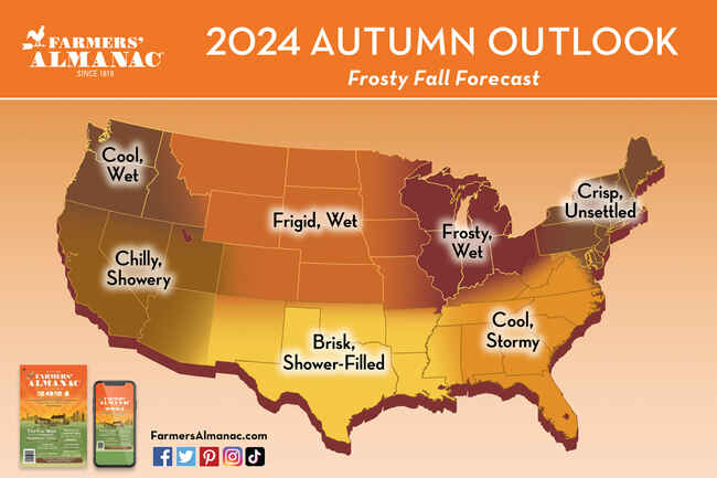 Farmers' Almanac 2024 fall weather forecast map.