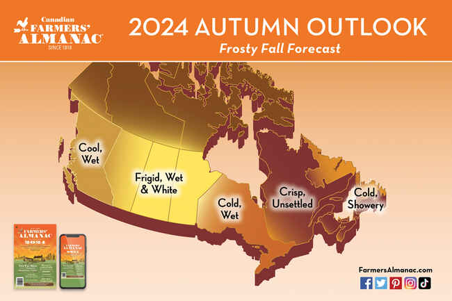Farmers' Almanac 2024 fall weather forecast map for Canada.