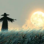 Harvest Moon astrology and full Moon horoscopes represented by a scarecrow in a corn field beside a bright Moon.