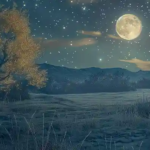 Beaver Moon astrology and full Moon horoscopes represented by a starry night sky and a Moon over an early winter scene with a tree, lake, and mountains.