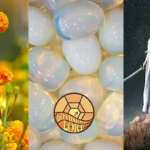 October birth month symbols marigolds, opal, and libra holding the scales of justice.