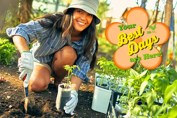Farmers' Almanac gardening calendar represented by a woman in a bucket hat planting a seedling.