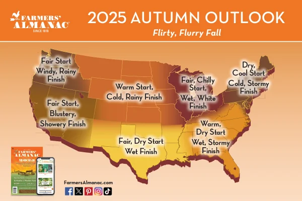 Farmers' Almanac 2025 fall weather forecast map.