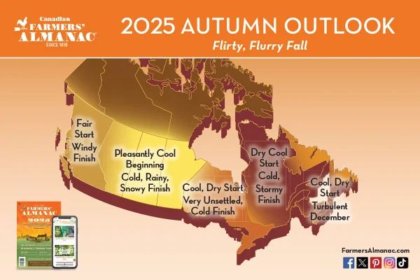 Farmers' Almanac 2025 fall weather forecast map for Canada.