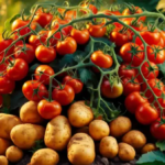 Tomatoes and potatoes in a garden representing a pomato plant.