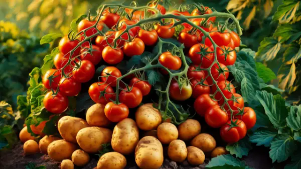 Tomatoes and potatoes in a garden representing a pomato plant.