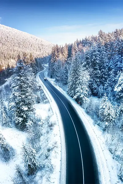 Farmers' Almanac winter 2025-2026 forecast represented by road with snowy trees and mountains.